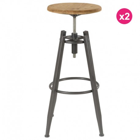 Lot de 2 Tabourets de Bar Assise en Pin Massif et Pieds Métal Soon KosyForm