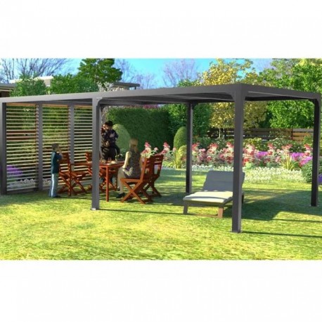 Pergola Bioclimatique Habrita aluminium 21.52m2 anthracite avec 3 panneaux imitation bois